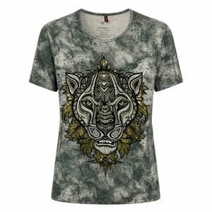 Y2K Grunge Tiger Graphic Shirt Womens Medium Embellished Maximalist Rockstar